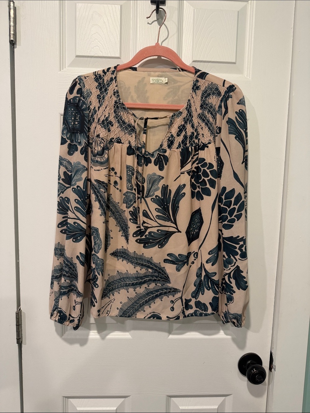 Spartina 449 Beige Blouse with Navy Botanical Print